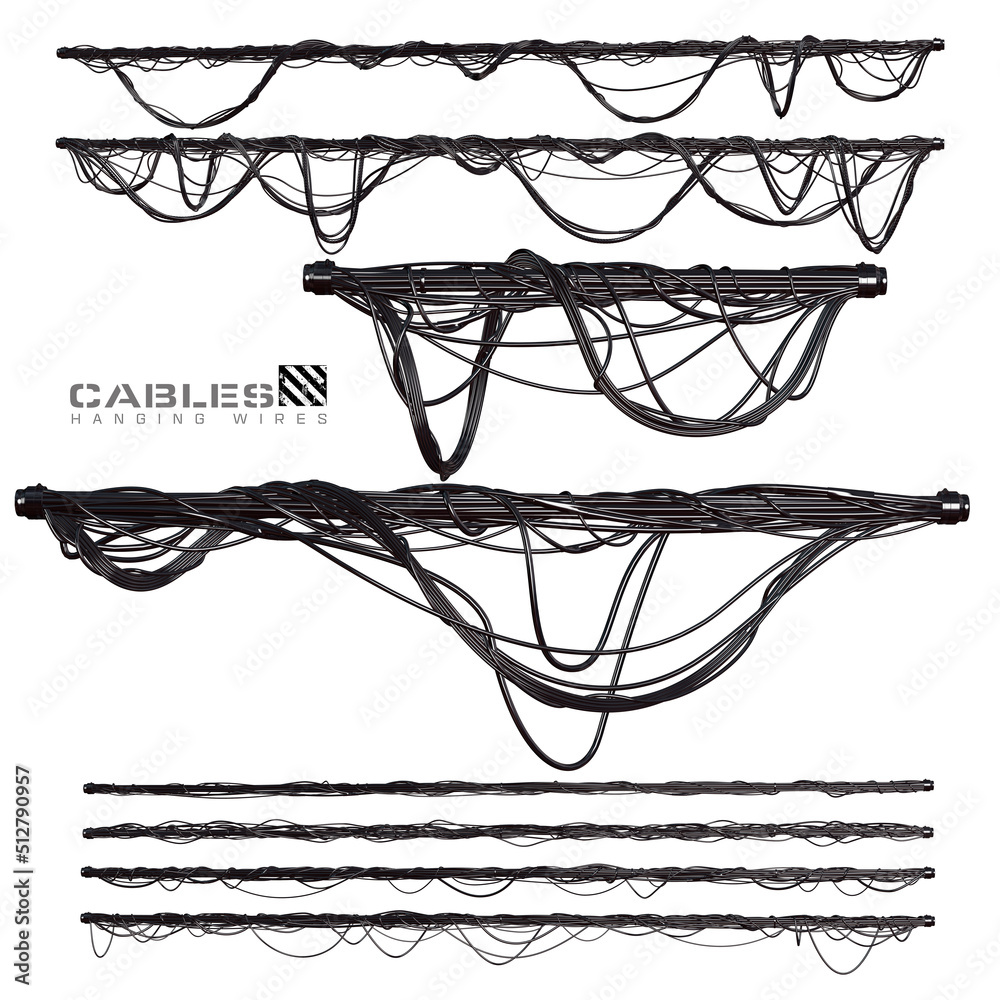 3D render of black cables and hanging wires illustration set 2