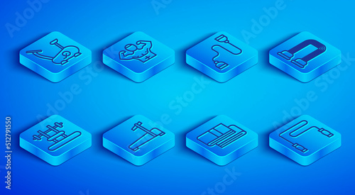 Set line Stationary bicycle, Bodybuilder muscle, Chest expander, Treadmill machine, Towel stack, Bench with barbel and Jump rope icon. Vector