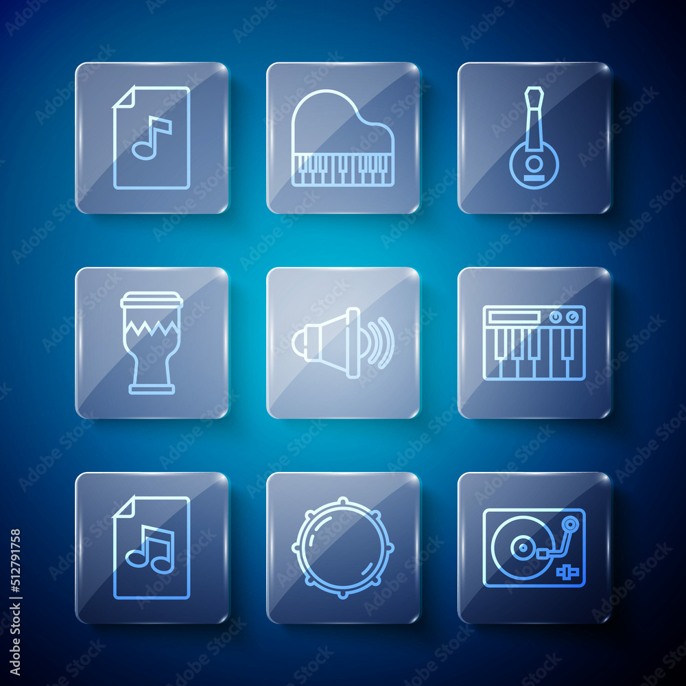 Set line Music book with note, Dial knob level, Vinyl player vinyl disk, Banjo, Speaker volume, Drum, and synthesizer icon. Vector Set line Music book with note, Dial knob level, Vinyl player vinyl disk, Banjo, Speaker volume, Drum, and synthesizer icon. Vector