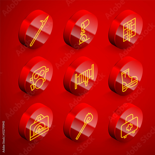 Set line Metal pike pole, Bucket extinguishing fire, Evacuation plan, Gas mask, Fire hose reel, boots, Interior fireplace and Burning match with icon. Vector