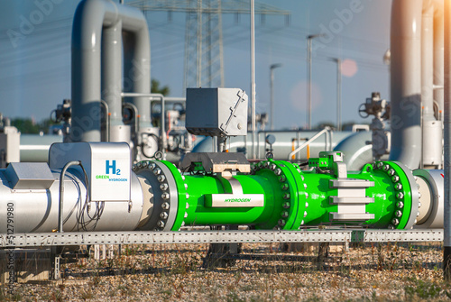 Green Hydrogen renewable energy production pipeline - green hydrogen gas for clean electricity solar and windturbine facility