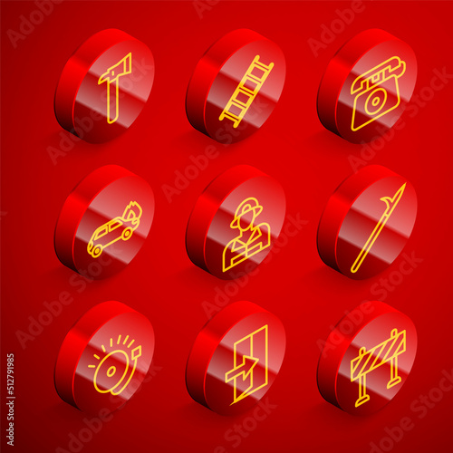Set line Firefighter axe, escape, Telephone call 911, Burning car, Metal pike pole, Ringing alarm bell and exit icon. Vector
