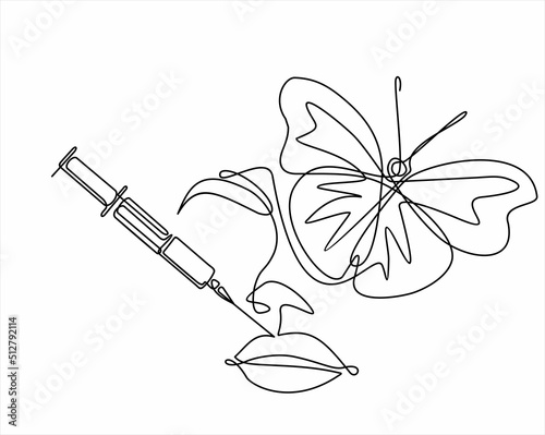 Continuous line beauty surgery concept. One line female portrait. One line syringe, lip filters
