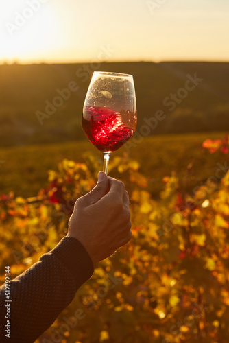 a glass of red wine in a man's hand at sunset