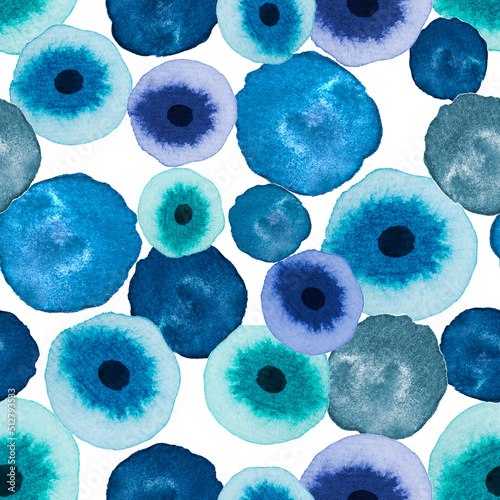 Seamless pattern. Hand drawn watercolor blue,indigo color abstract figure from circles,spots. White background.