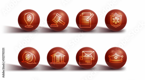 Set line Location law, Law, Police badge, Envelope, Courthouse building, Judge gavel, cap with cockade and Document and pen icon. Vector