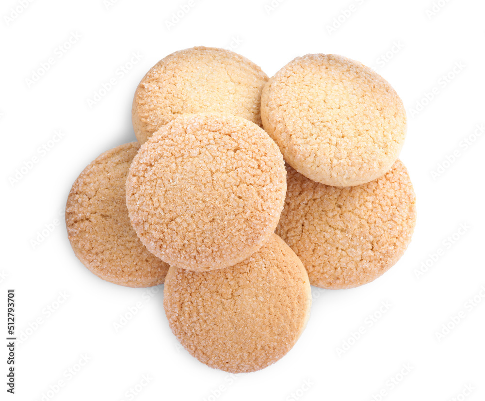 Many tasty sugar cookies isolated on white, top view Many tasty sugar cookies isolated on white, top view