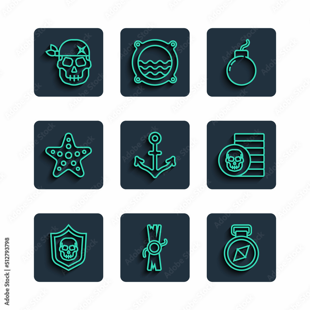 Set line Shield with pirate skull, Decree, parchment, scroll, Compass, Bomb ready to explode, Anchor, Starfish, Skull and Pirate coin icon. Vector Set line Shield with pirate skull, Decree, parchment, scroll, Compass, Bomb ready to explode, Anchor, Starfish, Skull and Pirate coin icon. Vector