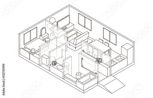 アイソメトリック　バリアフリー住宅イラスト(線画)
