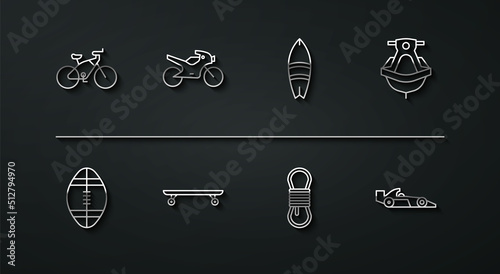 Set line Bicycle, Rugby ball, Jet ski, Climber rope, Longboard or skateboard, Motorcycle, Formula 1 racing car and Surfboard icon. Vector
