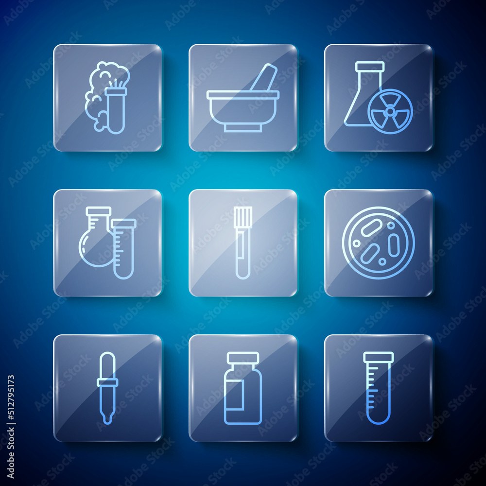 Set line Pipette, Test tube and flask, radiation, Chemical explosion and Petri dish with bacteria icon. Vector Set line Pipette, Test tube and flask, radiation, Chemical explosion and Petri dish with bacteria icon. Vector