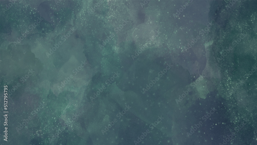 Obraz premium Rain on the surface. dark green smoke background, watercolor and paper texture. beautiful dark gradient hand drawn by brush grunge background. watercolor wash aqua painted texture.Background with star