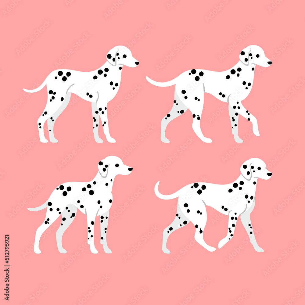 Cartoon happy dalmatians. Different poses of dog. Flat vector illustration for prints, clothing, packaging and postcards. 