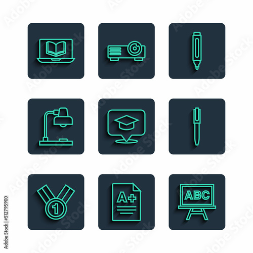 Set line Medal, Exam sheet with A plus grade, Chalkboard, Marker pen, Graduation cap in speech bubble, Table lamp, Online class and Pen icon. Vector