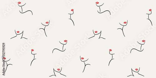 Simple seamless pattern with illustration of female neck and lips. Vector contour illustration for beauty salon, cosmetics.