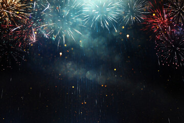 abstract black and gold glitter background with fireworks. christmas eve, 4th of july holiday concept