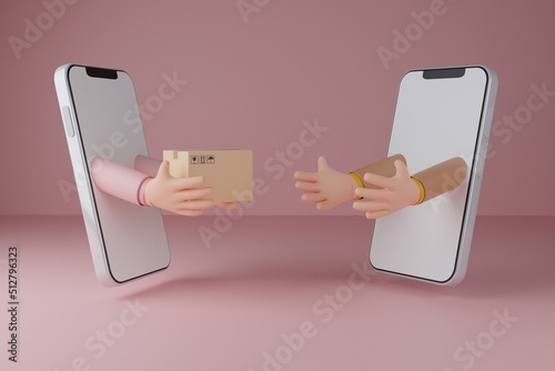 Deliveryman hands the parcel box to the customer.Concept for fast delivery service.delivery and shopping online concept.3D rendering illustration