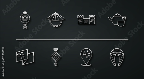 Set line Chinese paper lantern, China flag, tea ceremony, conical straw hat, Fish steak and Great wall of icon. Vector