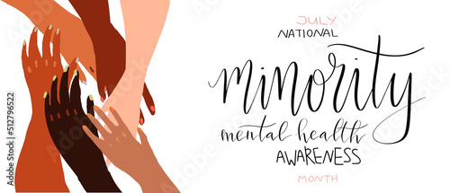 National minority mental health awareness month July poster with handwritten brush lettering