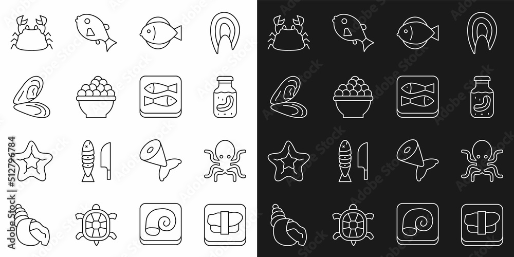 Set line Sushi on cutting board, Octopus, Sea cucumber jar, Fish, Caviar, Mussel, Crab and Canned fish icon. Vector