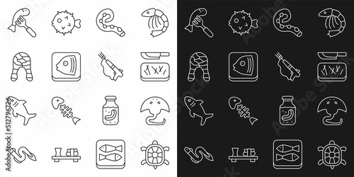 Set line Turtle, Stingray, Cutting board and knife, Octopus of tentacle, Fish head, steak, Served fish on plate and Fishing harpoon icon. Vector