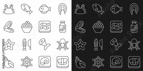 Set line Sushi on cutting board  Octopus  Sea cucumber jar  Fish  Caviar  Mussel  Crab and Canned fish icon. Vector