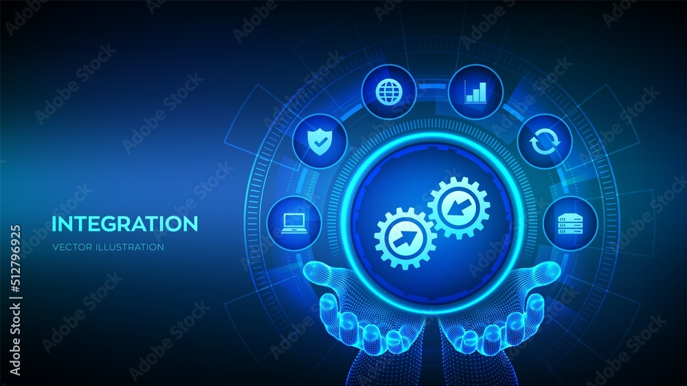 Integration data system. System Integration technology concept in wireframe hands. Industrial and smart technology. Business and automation solutions. Vector illustration.