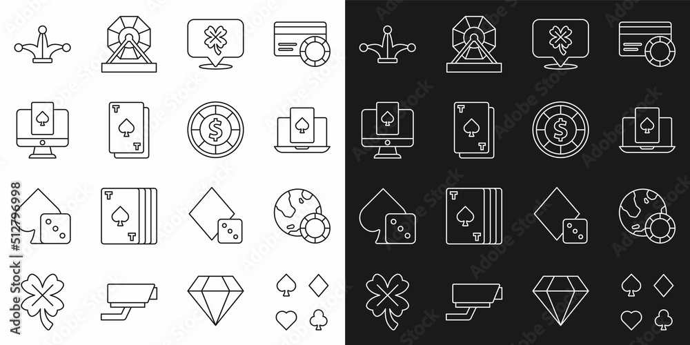 Set line Deck of playing cards, Casino chips, Online poker table game, slot machine with clover, Playing spades, Joker and icon. Vector