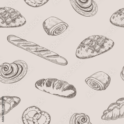 Hand-drawn seamless pattern.Background of the bakery product sketch. Vintage food illustration for a store, bakery,wallpaper, bread house label, menu or packaging design