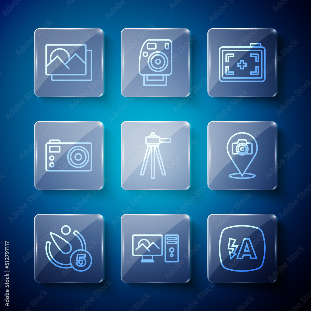 Set line Camera timer, Photo retouching, Auto flash, camera, Tripod, frame and icon. Vector Set line Camera timer, Photo retouching, Auto flash, camera, Tripod, frame and icon. Vector