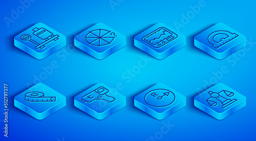 Set line Scale with suitcase, Circle of pieces, Measuring instrument, Digital thermometer, Radius, Protractor, tape and Scales justice icon. Vector