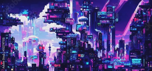 Fantasy retro futuristic city at night with bright neon lights. Pixel art. 3D illustration in a style of computer graphics of 80's.