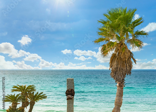 Seascape with the beach of Sakurai Futamigaura in Fukuoka in the island of Kyushu in Japan with palm trees in summer. photo