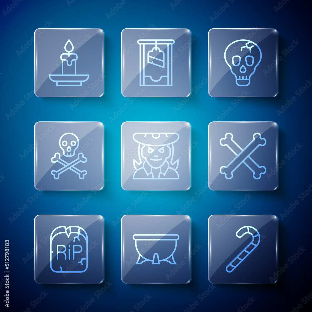 Set line Tombstone with RIP written, Halloween witch cauldron, Christmas candy cane, Skull, Witch, crossbones, Burning candle and Crossed icon. Vector Set line Tombstone with RIP written, Halloween witch cauldron, Christmas candy cane, Skull, Witch, crossbones, Burning candle and Crossed icon. Vector