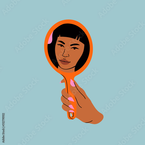 Woman's hand holding mirror reflexing her beautiful face. Lady staring at herself in mirror reflection. Hand drawn isolated Vector illustration. Cartoon flat style. Self love, acceptance concept