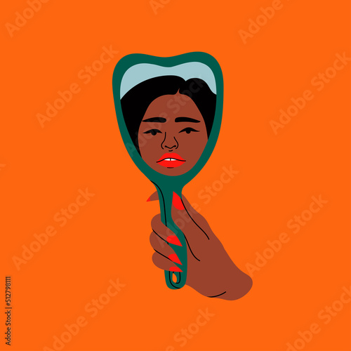 Woman's hand holding mirror reflexing her beautiful face. Lady staring at herself in mirror reflection. Hand drawn isolated Vector illustration. Cartoon flat style. Self love, acceptance concept
