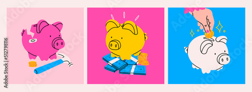 Piggy bank set. Piggy on a stack of money, hand putting coin into piggy bank, broken pig. Earning money, savings, investment, business advertising concept. Hand drawn isolated Vector illustrations