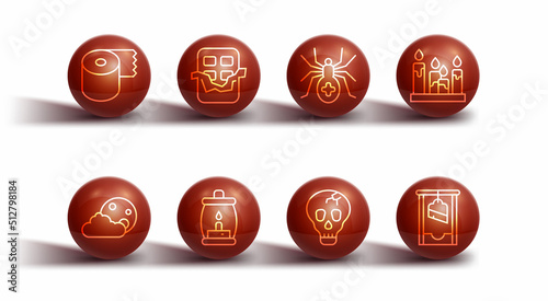 Set line Toilet paper roll, Moon and stars, Burning candle, Skull, Camping lantern, Chocolate bar, Guillotine and Spider icon. Vector