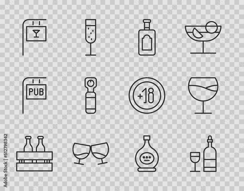 Set line Pack of beer bottles, Wine with glass, Whiskey, Glass cognac or brandy, Street signboard Bar, Bottle opener, and icon. Vector Set line Pack of beer bottles, Wine with glass, Whiskey, Glass cognac or brandy, Street signboard Bar, Bottle opener, and icon. Vector