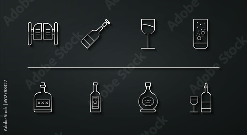 Set line Saloon door, Alcohol drink Rum bottle, Effervescent tablets water, Bottle of cognac brandy, Glass vodka, Opened wine, Wine with glass and icon. Vector