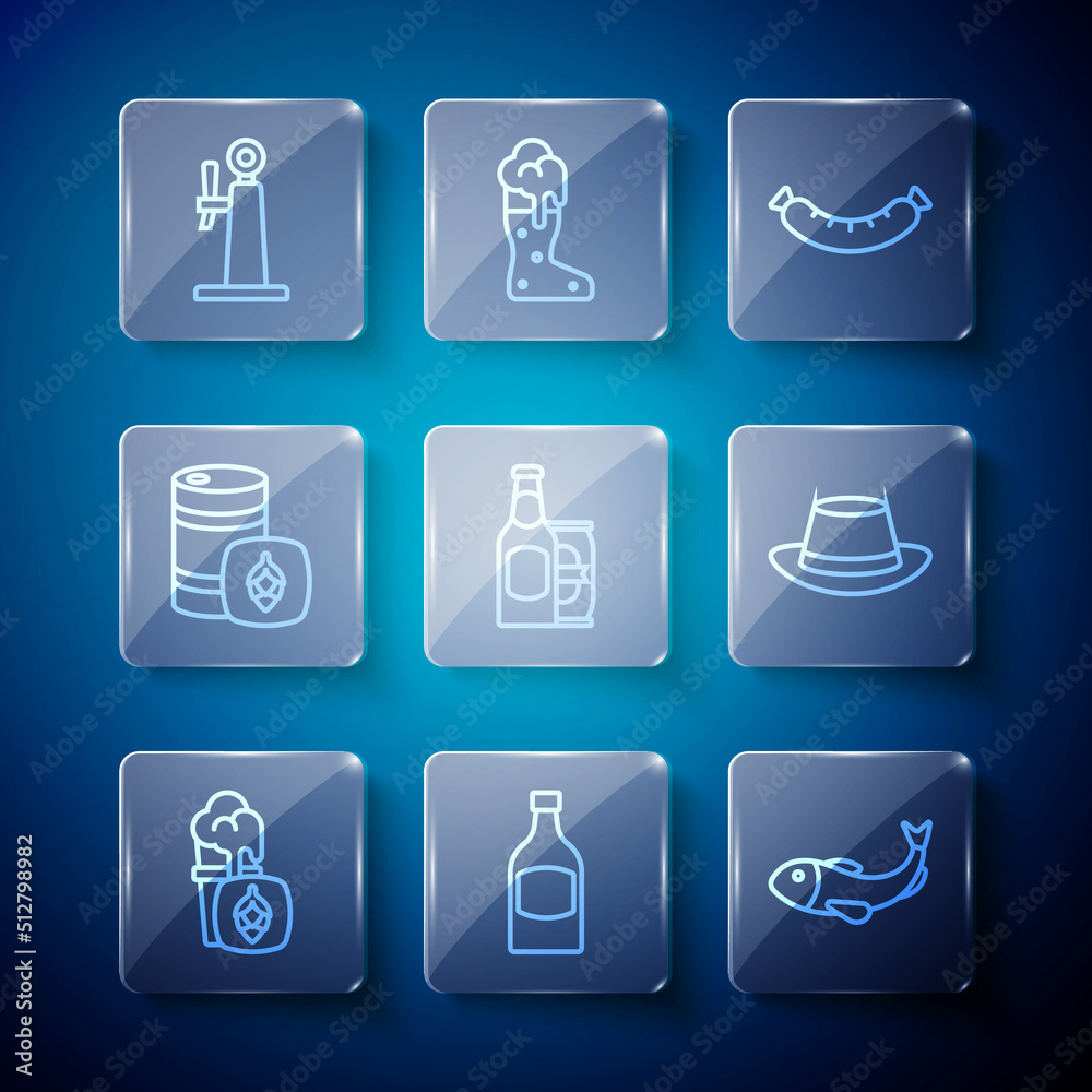 Set line Glass of beer, Beer bottle, Dried fish, Sausage, and can, Metal keg, tap and Oktoberfest hat icon. Vector Set line Glass of beer, Beer bottle, Dried fish, Sausage, and can, Metal keg, tap and Oktoberfest hat icon. Vector