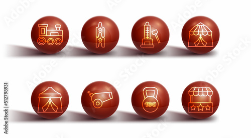 Set line Toy train, Circus tent, Weight, Cannon, ticket, Ticket box office and Striker attraction with hammer icon. Vector