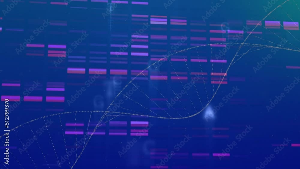 Digital animation of dna structure spinning over mosaic squares against blue background Digital animation of dna structure spinning over mosaic squares against blue background