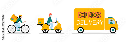 Online delivery service concept, online order tracking, delivery home and office. Bicycle, motorbike courier and truck delivery. Vector illustration art.
