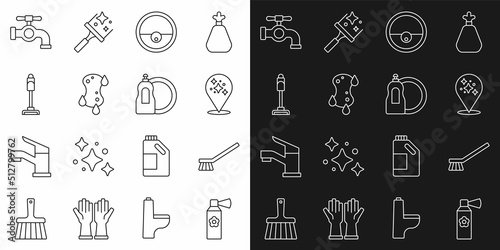 Set line Air freshener spray bottle, Brush for cleaning, Home service, Robot vacuum cleaner, Sponge, Vacuum, Water tap and Dishwashing liquid icon. Vector