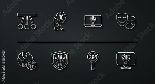 Set line Pendulum, Psychology, Psi, Comedy and tragedy masks, Broken heart or divorce, Head with question mark, and Psychologist online icon. Vector