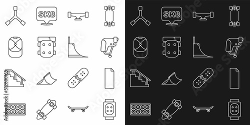 Set line Knee pads, Grip tape on skateboard, Skateboard helmet, wheel, Baseball cap, Y-tool and park icon. Vector