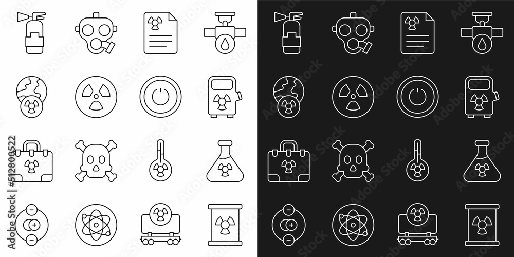 Set line Radioactive waste in barrel, Test tube radiation, Electric car charging station, Radiation warning document, Planet earth and, Fire extinguisher and Power button icon. Vector