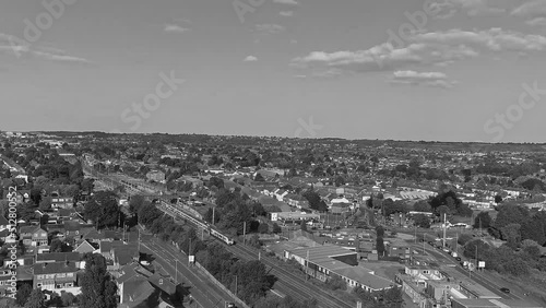 Gorgeous aerial view of Moving Train on Tracks in Black and White Fotoage photo