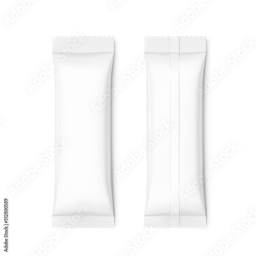 Blank flow pack mockup. Front and rear view. Vector illustration isolated on white background. Ready to place your design. EPS10. 